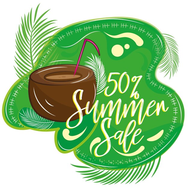 Vector banner de venta de verano coloreado con cóctel en coco ilustración vectorial