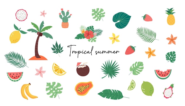 Banner de la venta de verano Creativo fondo rosa azul brillante con hojas tropicales frutas y h