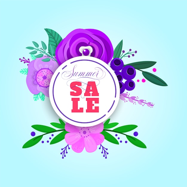 Banner de venta de verano decorar con flores y plantas.