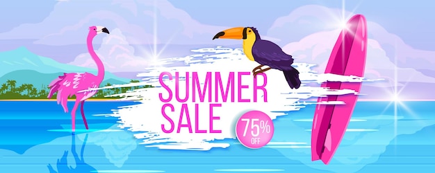 Banner de venta de verano descuento caliente ocean tropical beach tucán pink flamingo surfboard