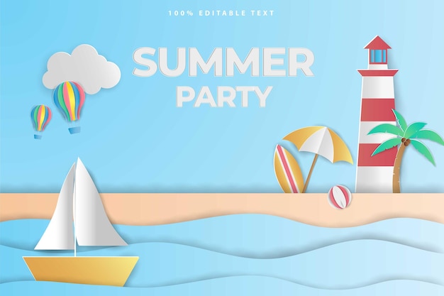 Vector banner de venta de verano en estilo papercut con efecto de texto editable