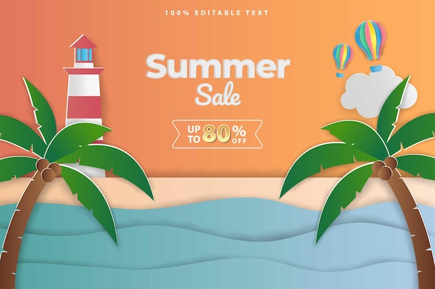 Vector banner de venta de verano en estilo papercut con efecto de texto editable