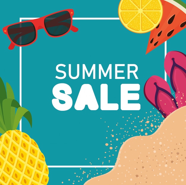 Banner de venta de verano con flip-flop y frutas.