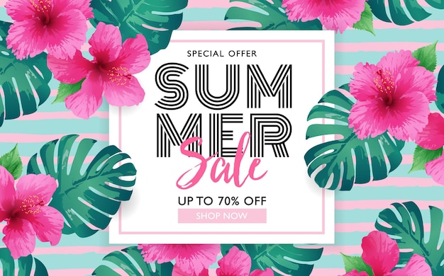 Vector banner de venta de verano con flor de hibisco y hoja tropical sobre fondo rayado