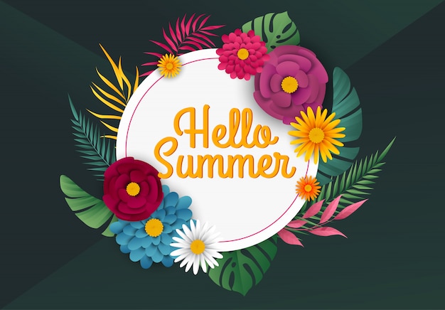 Banner de venta de verano con flores tropicales.
