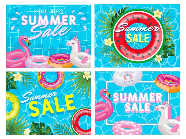 Banner de venta de verano. folleto de oferta de piscina de verano, elegante conjunto de ilustración de oferta especial de anillo flotante de flamenco rosa y sandía.