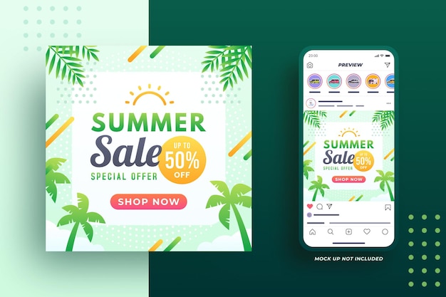 Banner de venta de verano con hojas y cocotero.