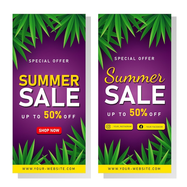 Banner de venta de verano con hojas tropicales.