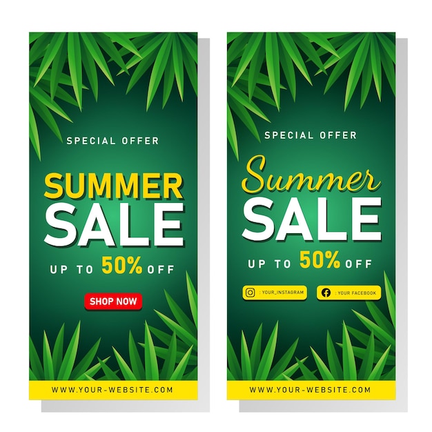 Banner de venta de verano con hojas tropicales.