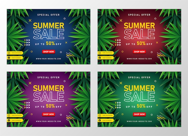 Banner de venta de verano con hojas tropicales.