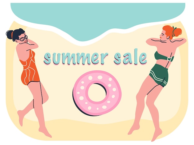 Banner de venta de verano ilustración vectorial de dos mujeres bronceándose en la playa un concepto de vacaciones