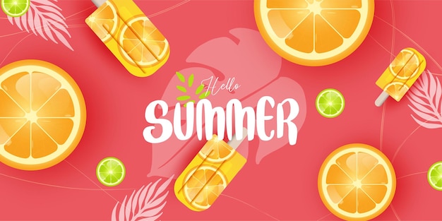 Banner de venta de verano con piezas de diseño brillante de fruta madura