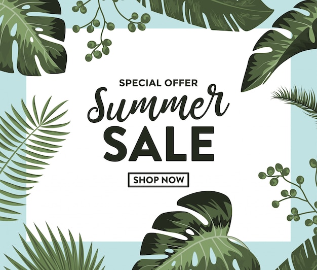 Vector banner de venta de verano con plantas exóticas de la selva.