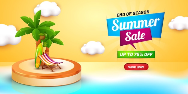 Banner de venta de verano plantilla de fin de temporada con podio 3d