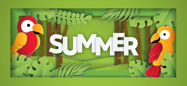 Vector banner de venta de verano tropical con pájaro en estilo de corte de papel