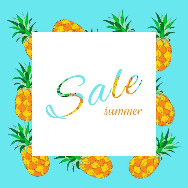 Vector banner para venta de verano verano piña madura dibujado a mano venta de materiales promocionales