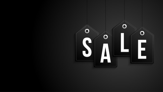 Banner de venta de viernes negro. Etiqueta de venta colgada sobre fondo negro.