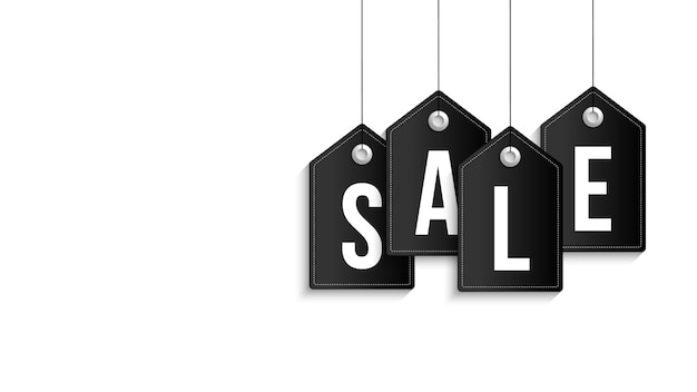 Banner de venta de viernes negro. Etiqueta de venta negra colgando sobre fondo blanco.