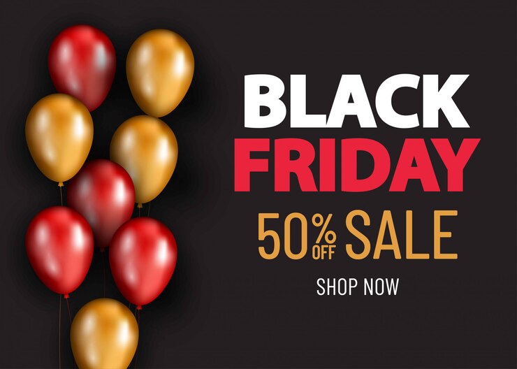 Banner de venta de viernes negro con globos. Banner de oferta comercial