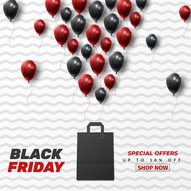 Banner de venta de viernes negro con globos brillantes.