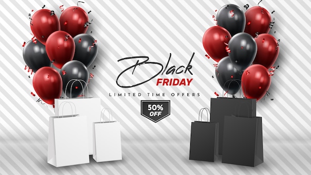 Banner de venta de viernes negro con globos brillantes.