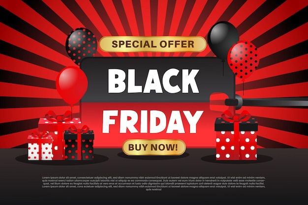 Vector banner de venta de viernes negro con globos y caja de regalo