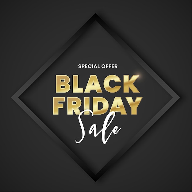Banner de venta de viernes negro vectorial de oro brillante y tipografía blanca marco negro sobre fondo oscuro