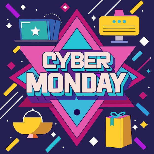 Banner de ventas del lunes cibernético con diseño geométrico e íconos de compras