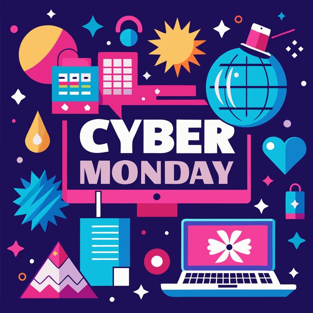 Banner de ventas del lunes cibernético con iconos coloridos y una pantalla de computadora