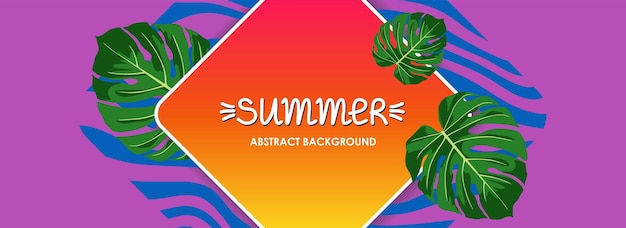 Vector banner de verano abstracto con hojas de monstera sobre un fondo púrpura en vector