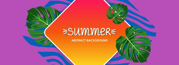 BANNER DE VERANO ABSTRACTO CON HOJAS DE MONSTERA SOBRE UN FONDO PÚRPURA EN VECTOR