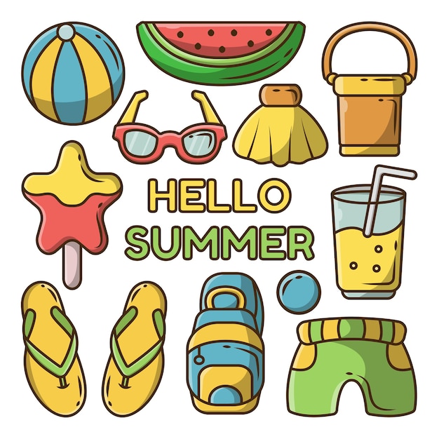 Banner de verano con conjunto de elementos de verano dibujados a mano
