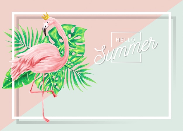 Banner de verano de flamencos y hojas tropicales.