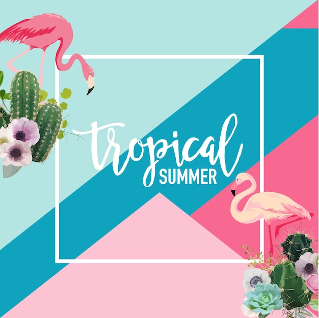 Banner de verano de flores de cactus tropicales y pájaros flamencos