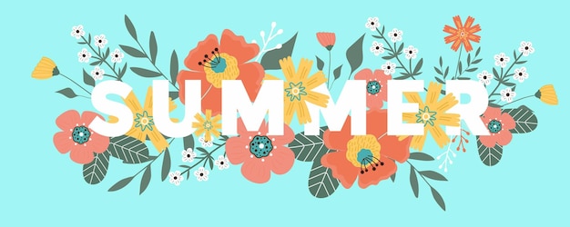 Banner de verano Flores y hojas sobre fondo azul.