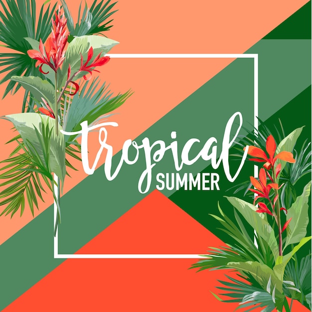 Banner de verano de flores y palmeras tropicales, fondo gráfico, invitación floral exótica, folleto o tarjeta. portada moderna