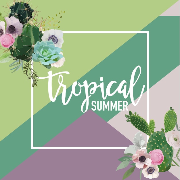 Vector banner de verano de flores tropicales y cactus, fondo gráfico, invitación floral exótica, folleto o tarjeta. portada moderna