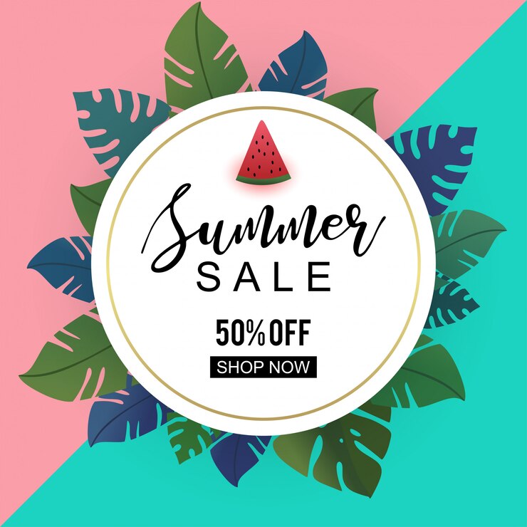 Banner de verano con hojas tropicales decorativas.