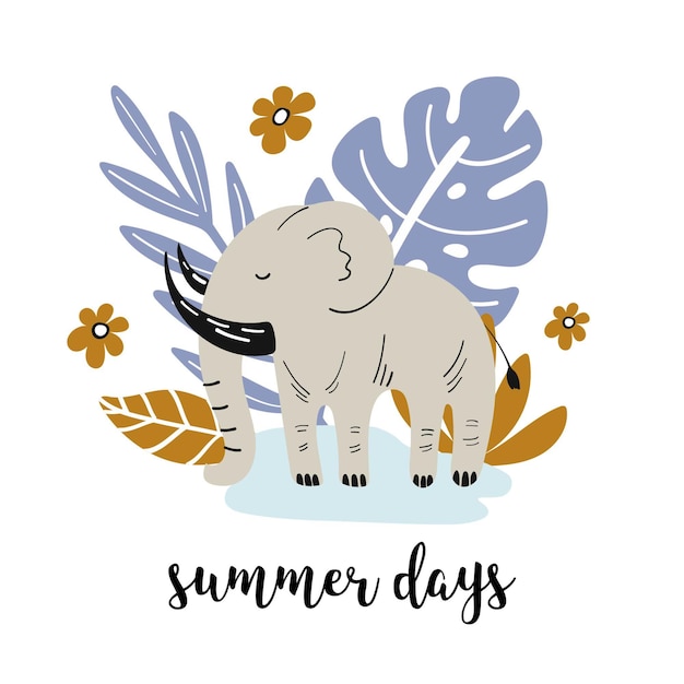 Vector banner de verano con lindo elefante y elementos dibujados a mano