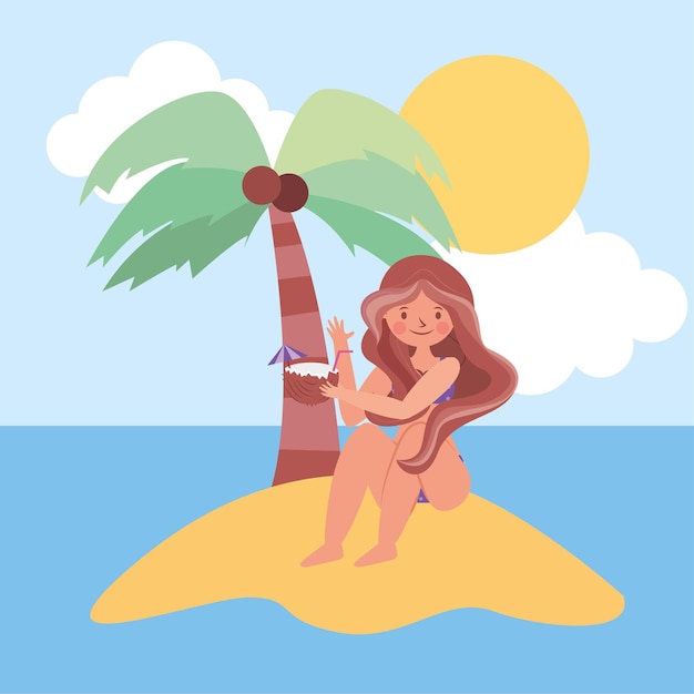 Banner de verano con mujer en dibujos animados de la isla