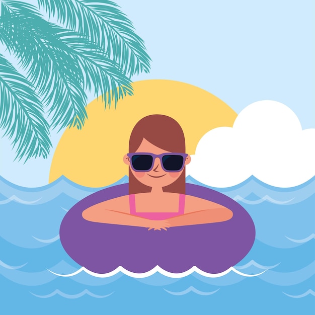 Banner de verano con mujer en flotador en la playa.