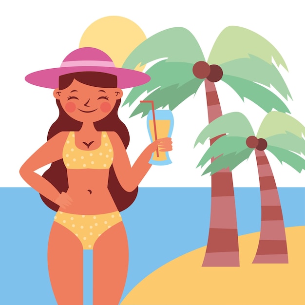 Vector banner de verano con mujer con jugo en la isla de dibujos animados