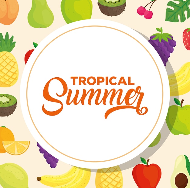 Banner de verano tropical, con frutas frescas.