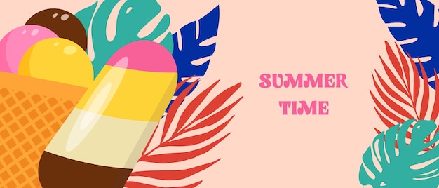 Banner de verano para ventas o diseño de postales cubre redes sociales y publicidad con hojas tropicales y helados