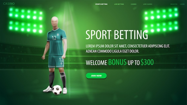 Banner verde de apuestas deportivas para sitio web con oferta de jugador de fútbol y estadio en segundo plano
