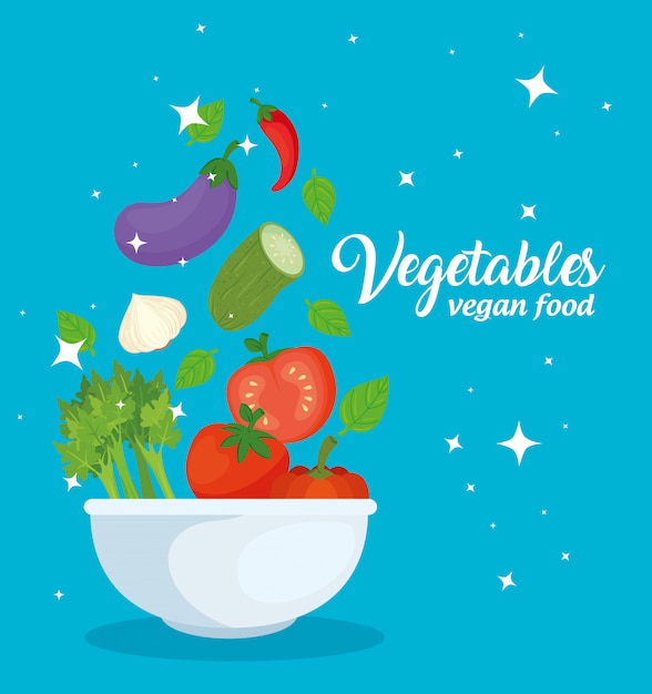 Banner con verduras, concepto de comida vegana en un tazón