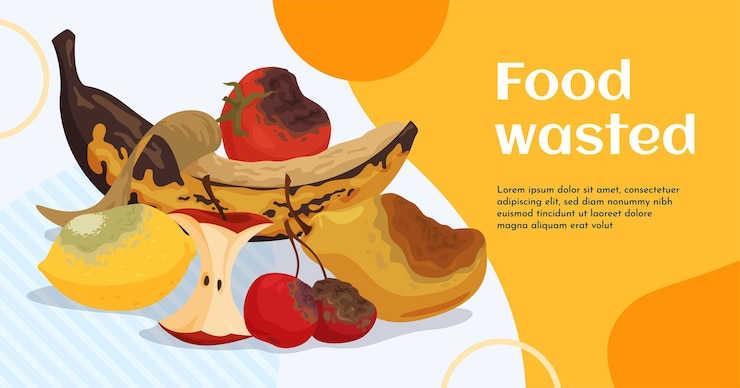 Vector banner verduras frutas productos podridos compostaje alimentos productos perecederos