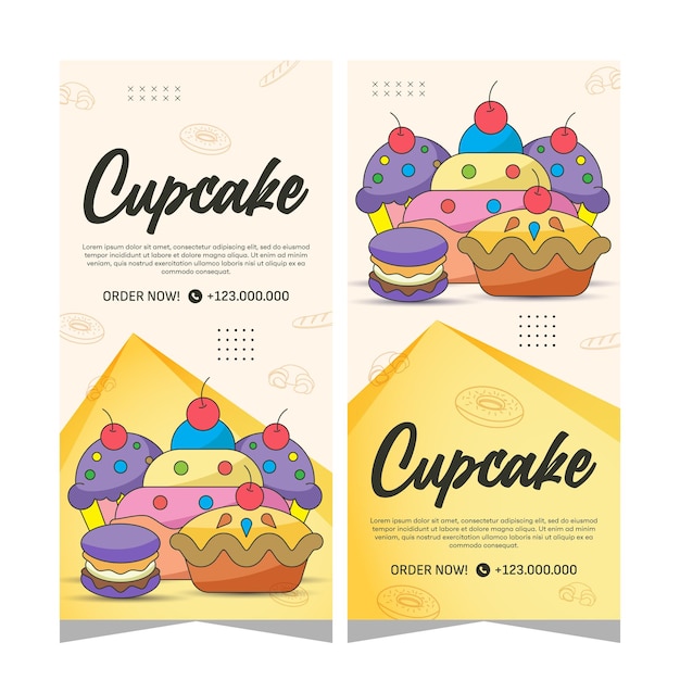 Banner vertical de diseño vectorial de cupcakes dulces