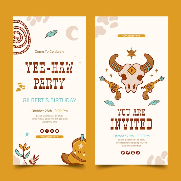 Banner vertical de fiesta vaquera dibujada a mano