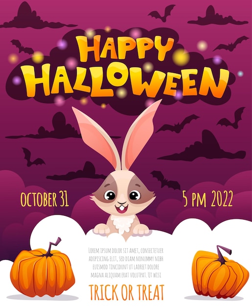 Vector banner vertical de halloween con lindo conejo o conejito y calabazas 3d plantilla de póster de fiesta con espacio